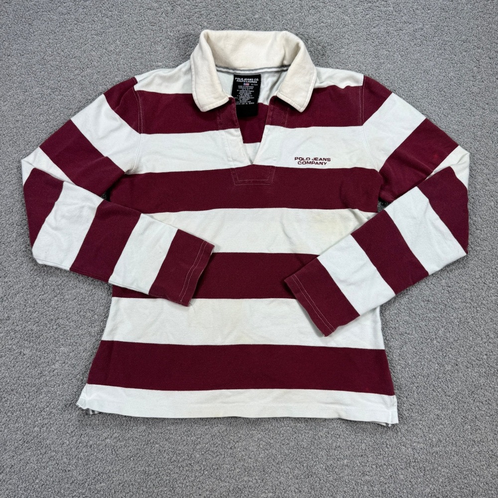 Polo Jeans RL Rugby Polo Shirt Women's Small Burgundy Striped Long Sleeve V-Neck - Picture 2 of 11
